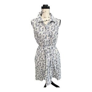 Tommy Hilfiger Sleeveless Blue & White Floral Tie-Waist Mini Shirt Dress Sz 12